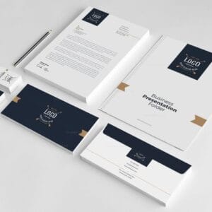 Custom branded stationery set including letterhead, business cards, and envelopes