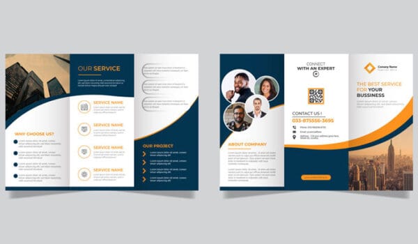 Tri-fold or bi-fold company brochure design with clean layout and engaging visuals