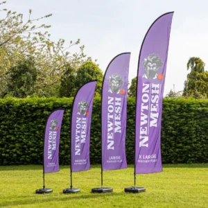 Feather banner printing in Kenya with full-color fabric graphics and flexible outdoor display frame