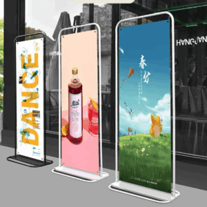 Door frame banner display in Kenya with PVC print and freestanding aluminum frame