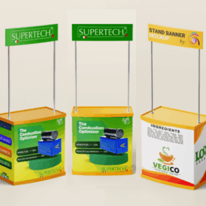 Custom branded display stand Kenya with full-color panel graphics and modular product shelving