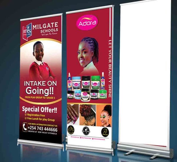 Roll-up banner in Kenya with PET satin greyback film and a clean aluminum base
