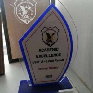 Acrylic award plaques Kenya with laser-cut shapes, vibrant print, and clear stands