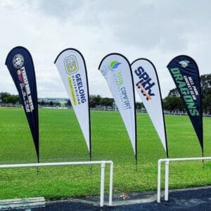 Tear drop banner printing in Kenya with custom fabric graphics and flexible outdoor frame