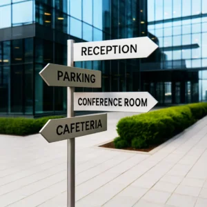 Directional signage in Kenya with custom arrows, icons, and branding for offices, schools, malls, and institutional spaces